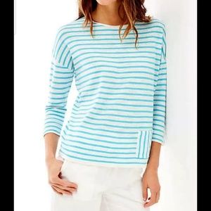 J. JILL WHITE BLUE LINEN BLEND STRIPED POCKET top